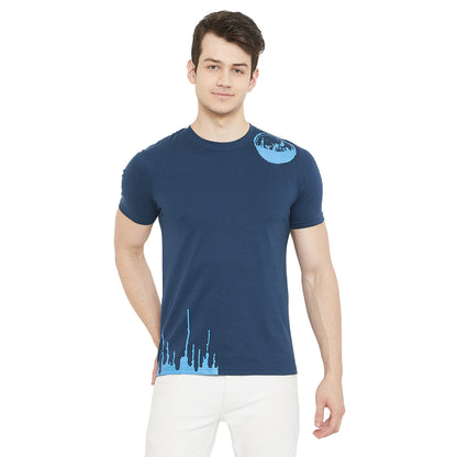 Men Flame Print Blue T-Shirt