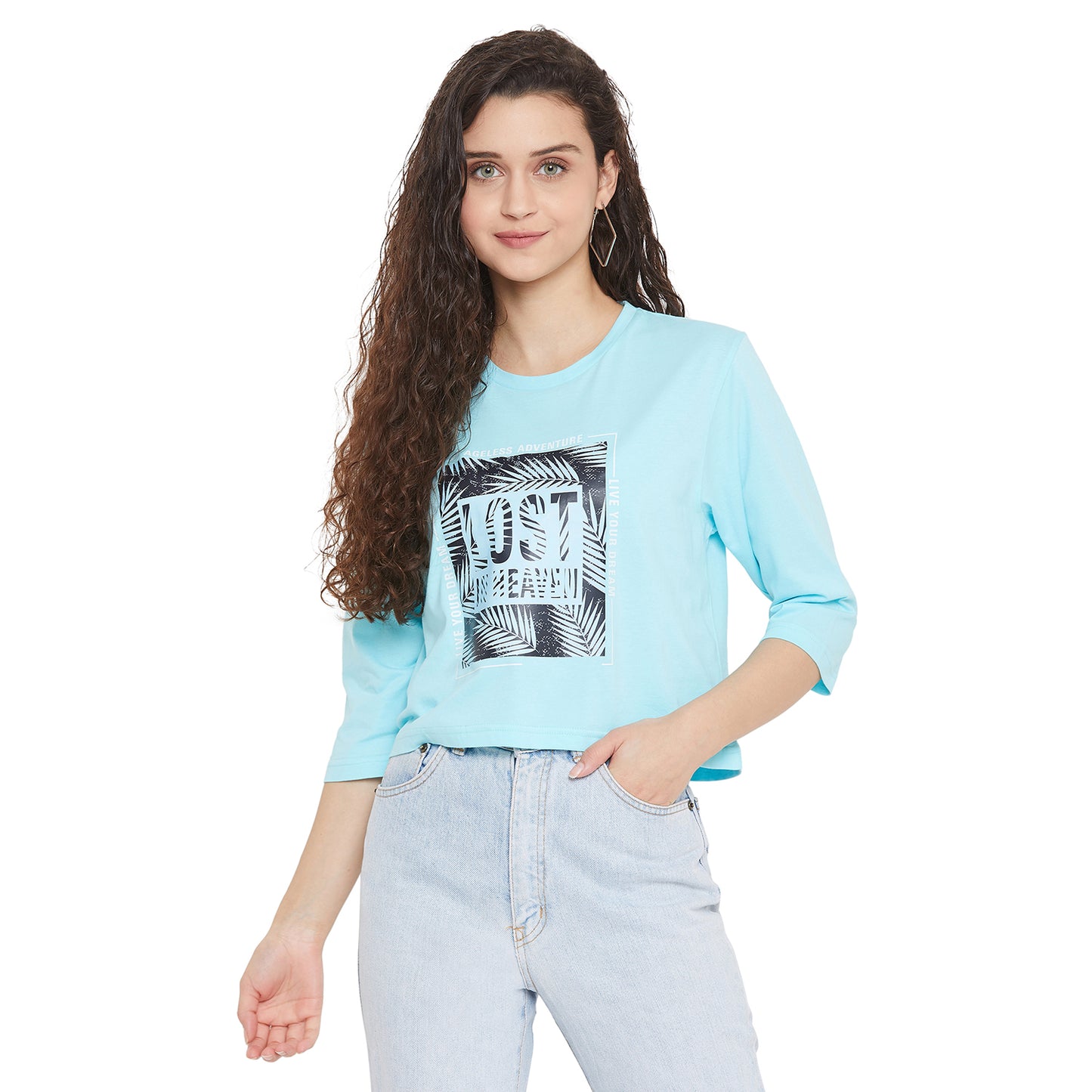 3/4 Sleeve Light Blue Crop Top  for Women