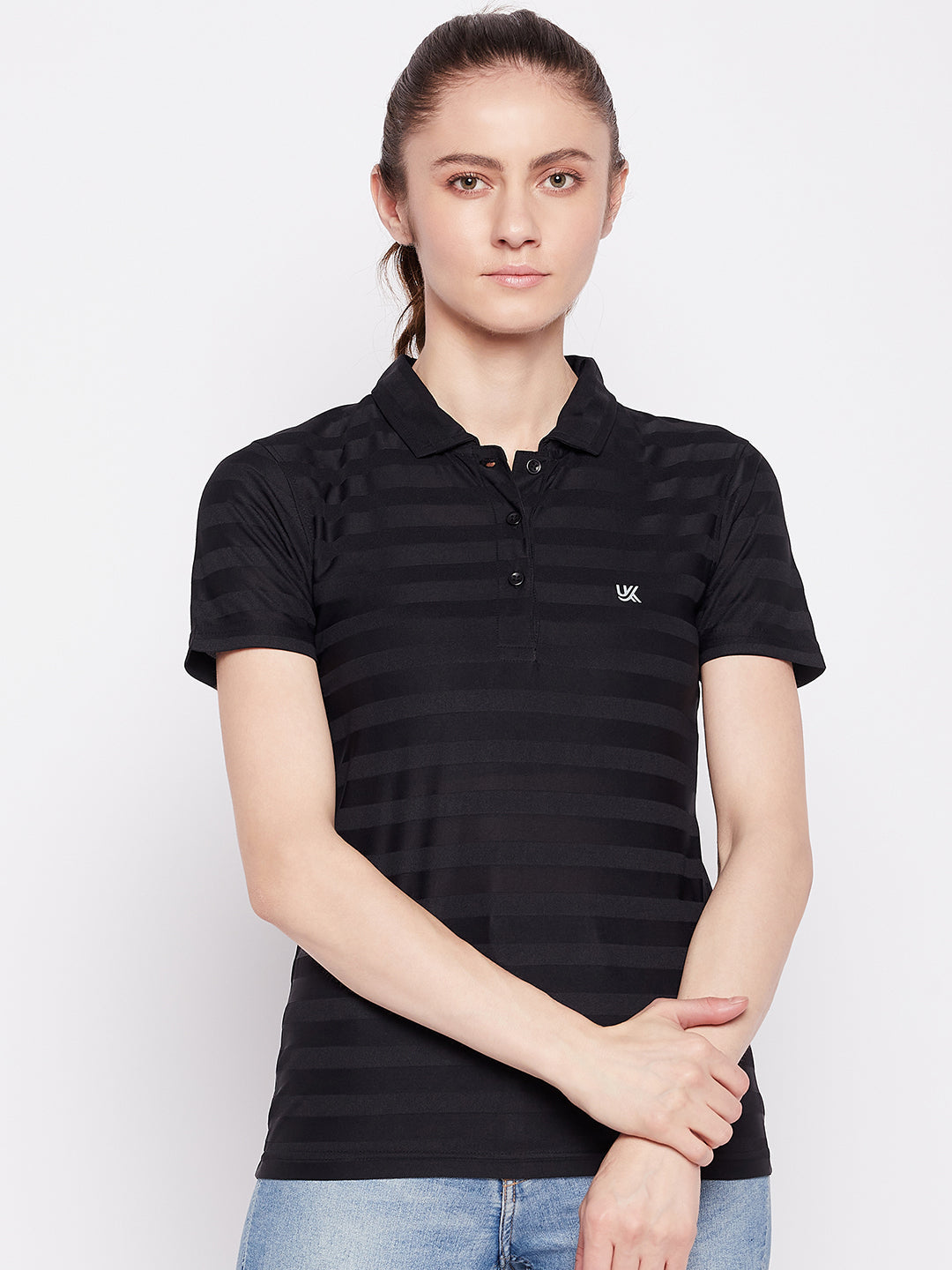 Women Activewear Polo Neck Black T-Shirt