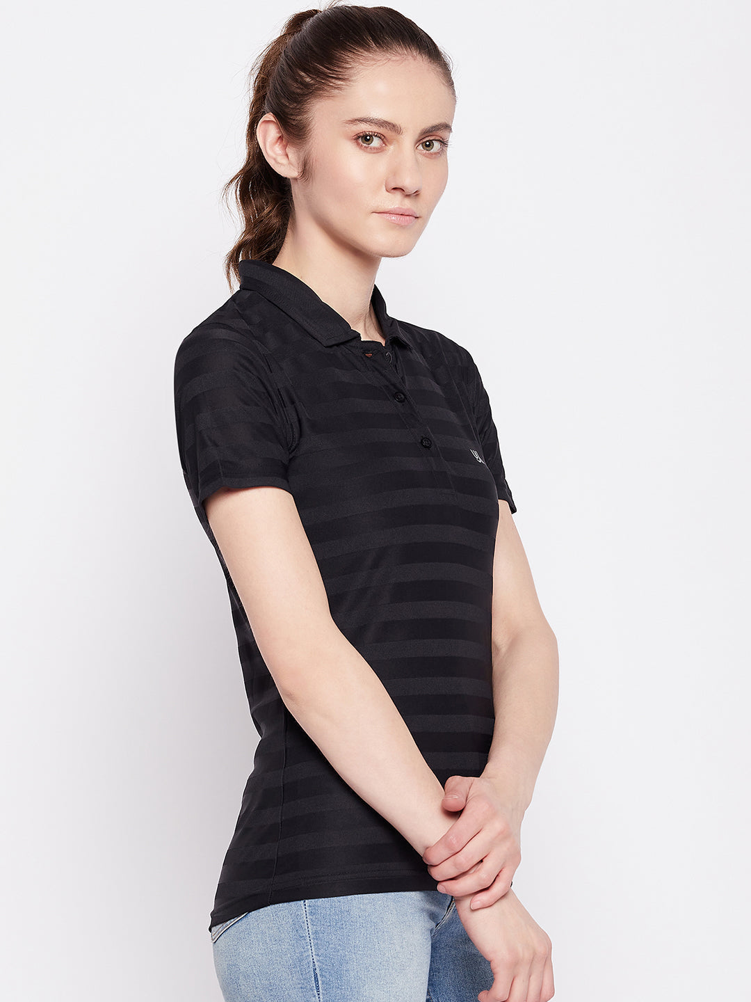 Women Activewear Polo Neck Black T-Shirt