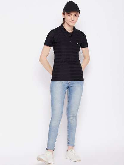 Women Activewear Polo Neck Black T-Shirt