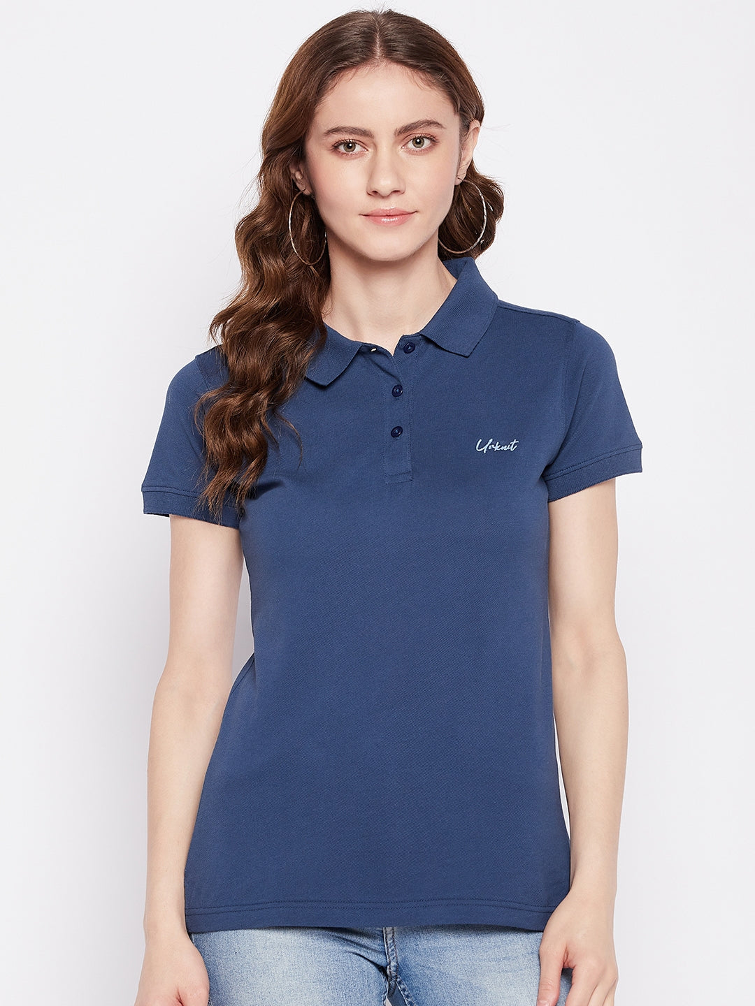 Women Regular Fit Solid Polo T-Shirt Blue