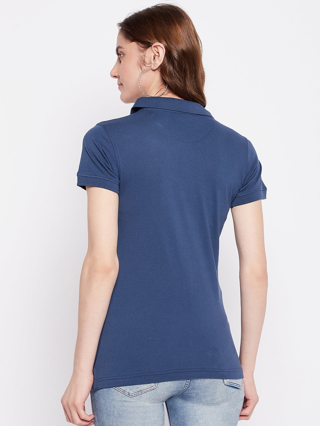 Women Regular Fit Solid Polo T-Shirt Blue