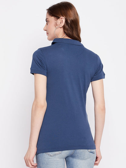 Women Regular Fit Solid Polo T-Shirt Blue