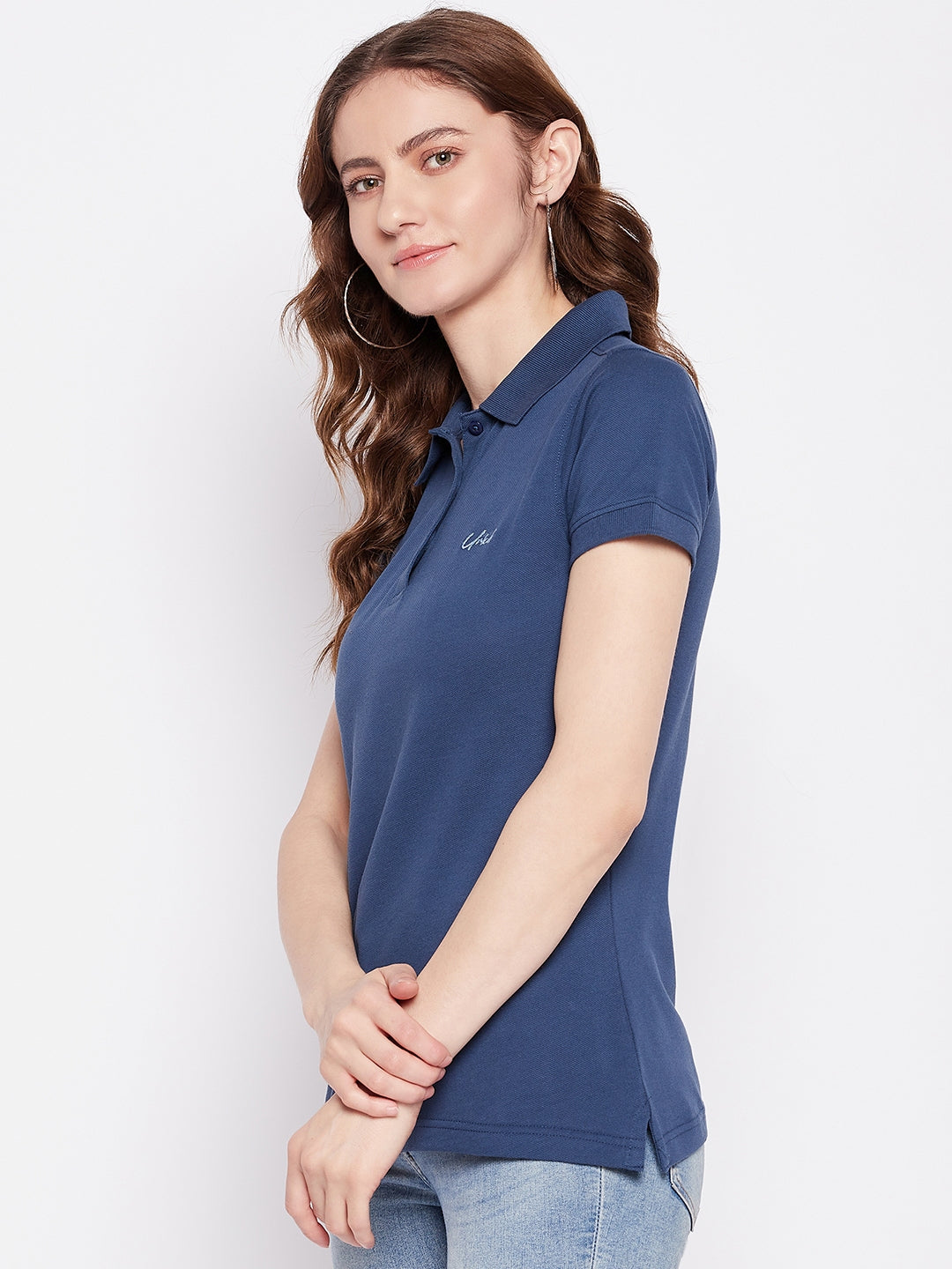 Women Regular Fit Solid Polo T-Shirt Blue