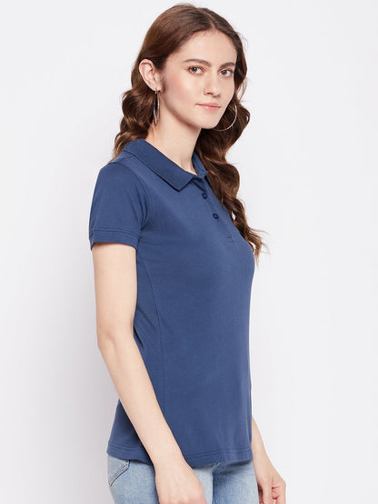 Women Regular Fit Solid Polo T-Shirt Blue