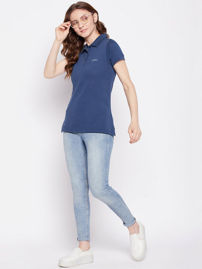 Women Regular Fit Solid Polo T-Shirt Blue