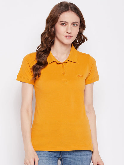 Women Regular Fit Solid Polo T-Shirt Mustard