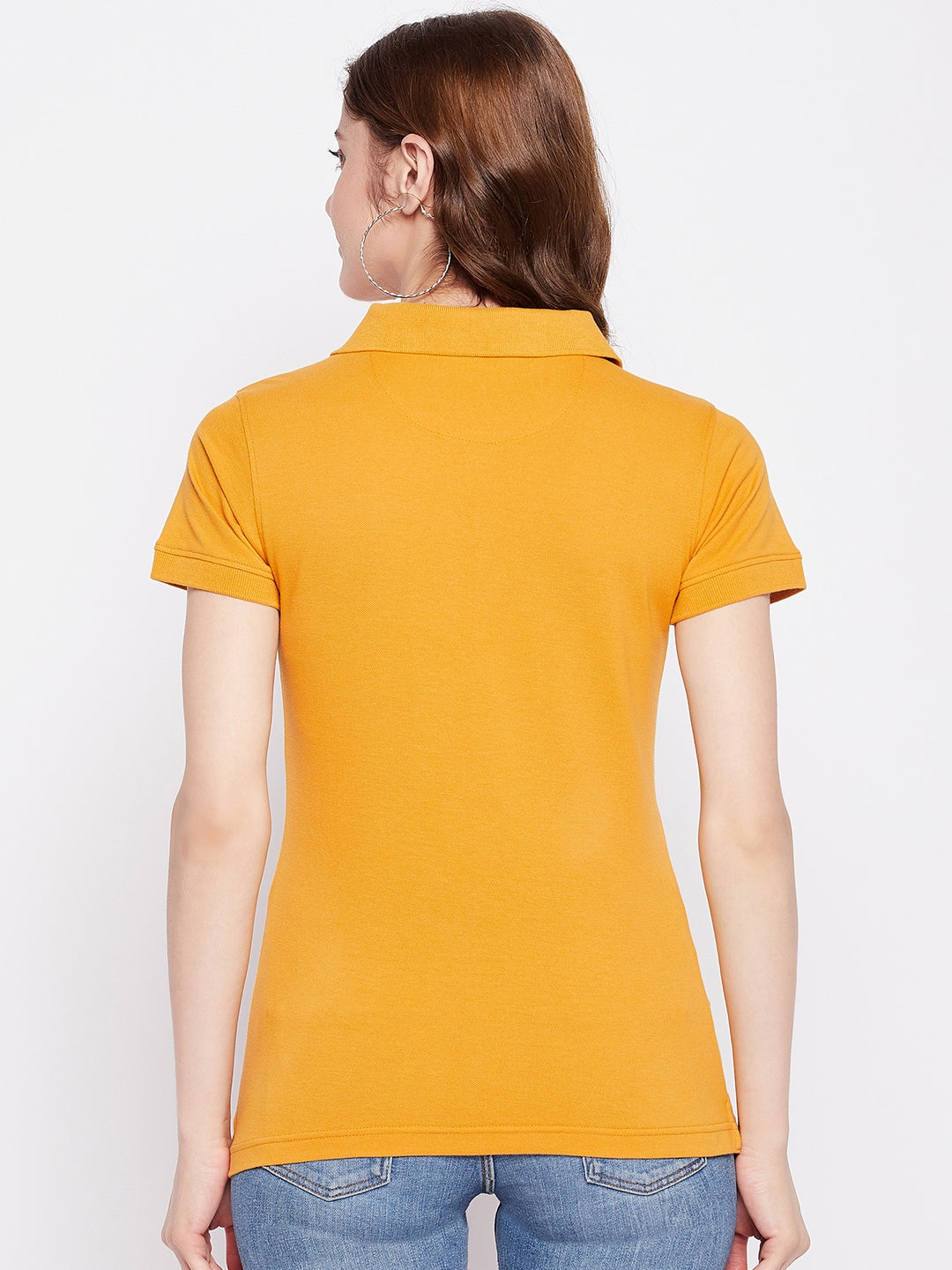 Women Regular Fit Solid Polo T-Shirt Mustard