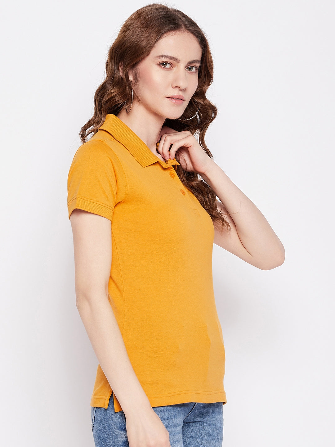 Women Regular Fit Solid Polo T-Shirt Mustard