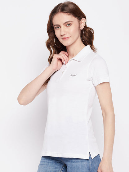 Women Regular Fit Solid Polo T-Shirt White