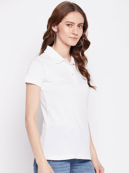 Women Regular Fit Solid Polo T-Shirt White