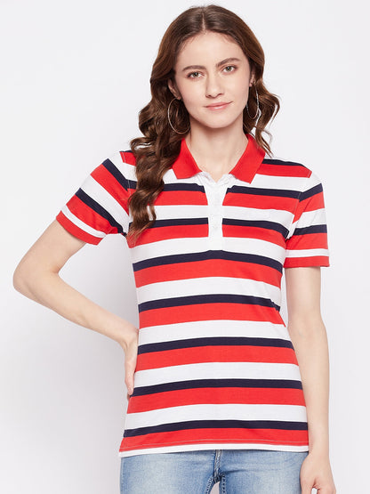 Women Regular Fit Striped Polo T-Shirt Red