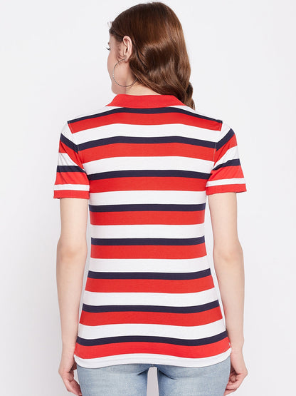 Women Regular Fit Striped Polo T-Shirt Red