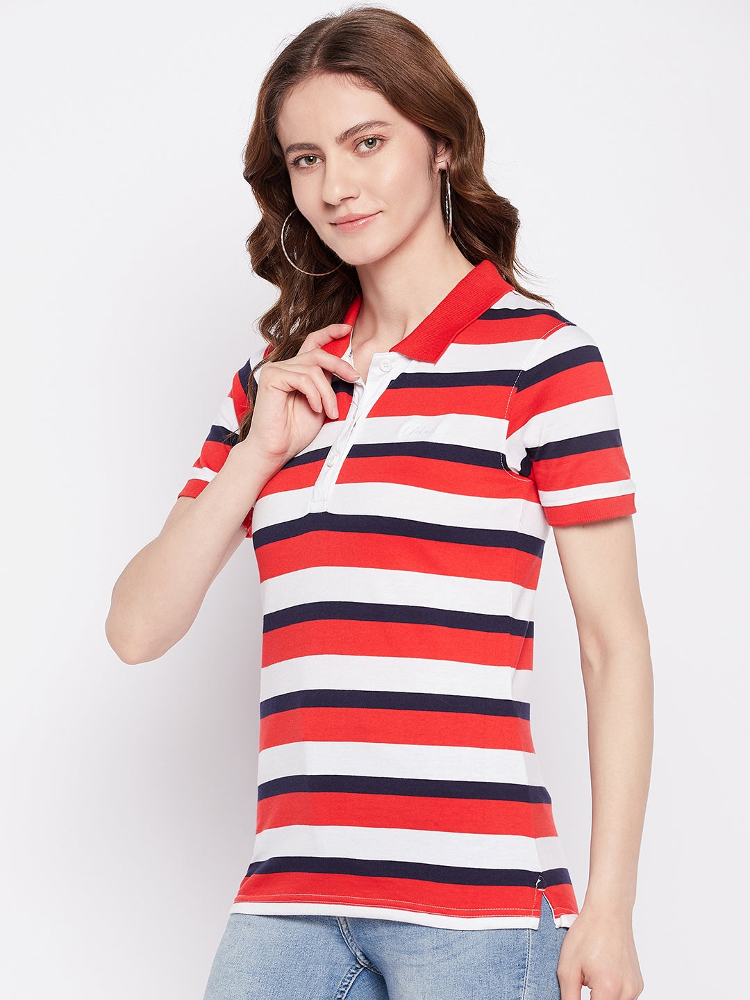 Women Regular Fit Striped Polo T-Shirt Red