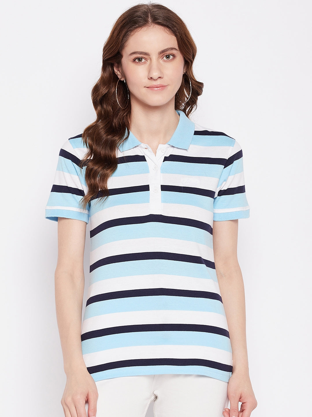 Women Regular Fit Striped Polo T-Shirt Skyblue