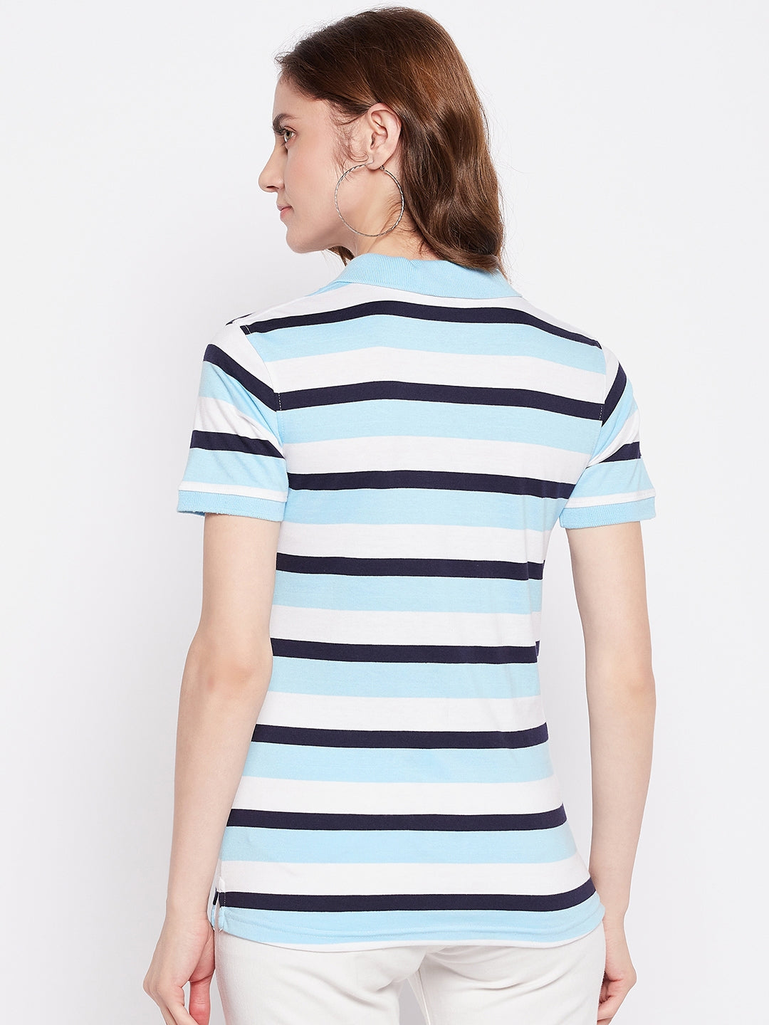 Women Regular Fit Striped Polo T-Shirt Skyblue