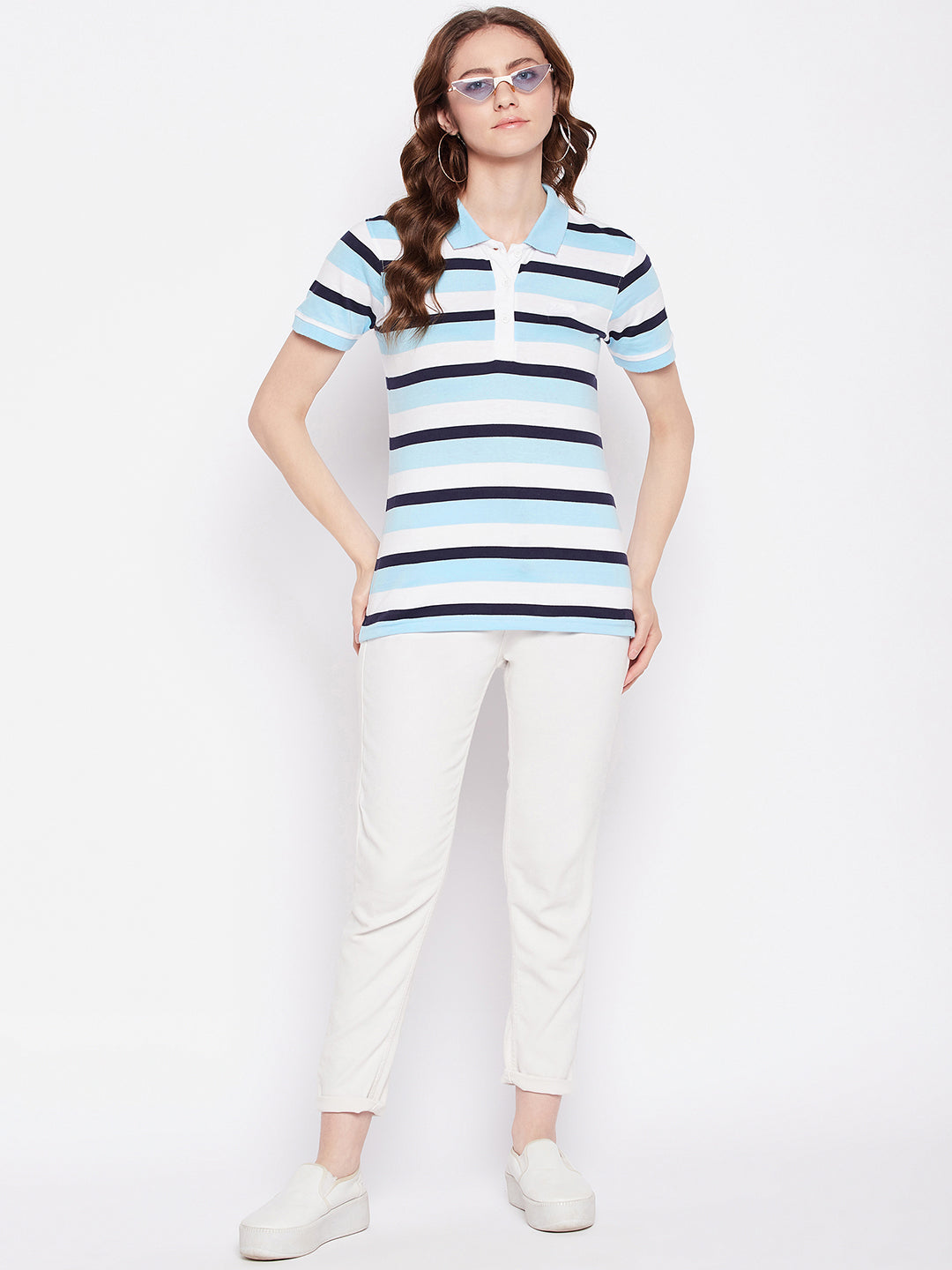 Women Regular Fit Striped Polo T-Shirt Skyblue