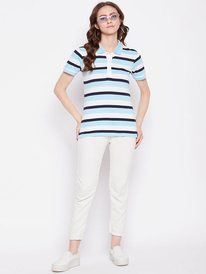 Women Regular Fit Striped Polo T-Shirt Skyblue