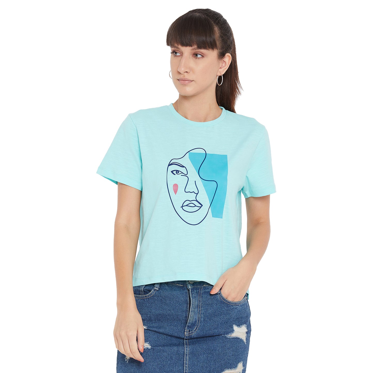 Face Graphic Women Top Light Blue Color