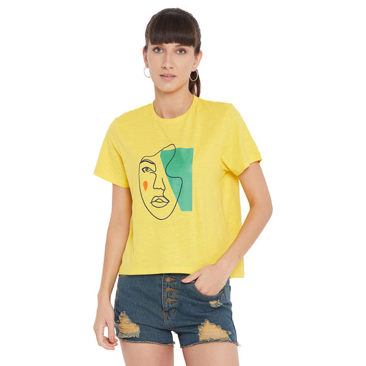 Face Graphic Women Top Yellow Color