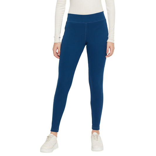 Stretchable Regular Skinny Fit Wrinkle Free High Waist Cotton Leggings for Women Blue