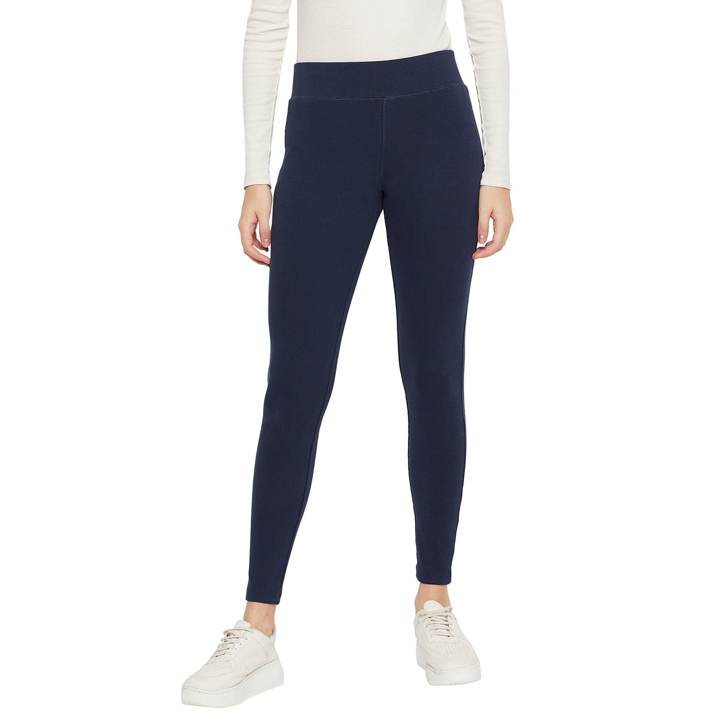 Stretchable Regular Skinny Fit Wrinkle Free High Waist Cotton Leggings for Women Navy