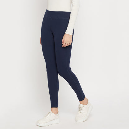 Stretchable Regular Skinny Fit Wrinkle Free High Waist Cotton Leggings for Women Navy