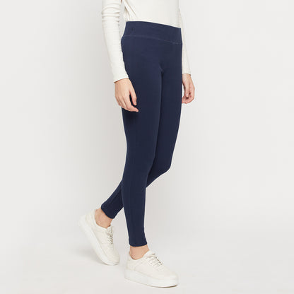 Stretchable Regular Skinny Fit Wrinkle Free High Waist Cotton Leggings for Women Navy