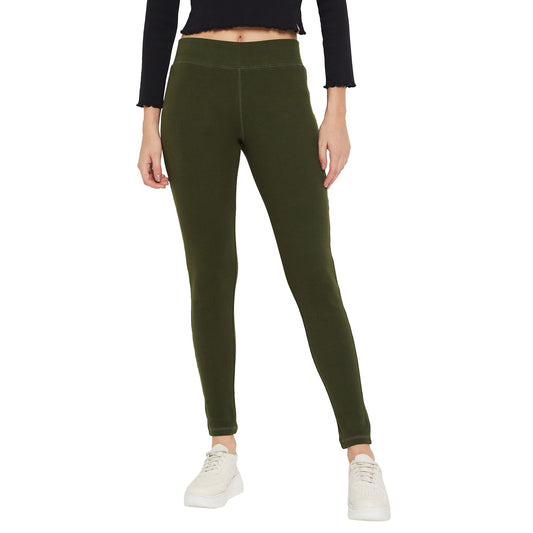 Stretchable Regular Skinny Fit Wrinkle Free High Waist Cotton Leggings for Women Olive