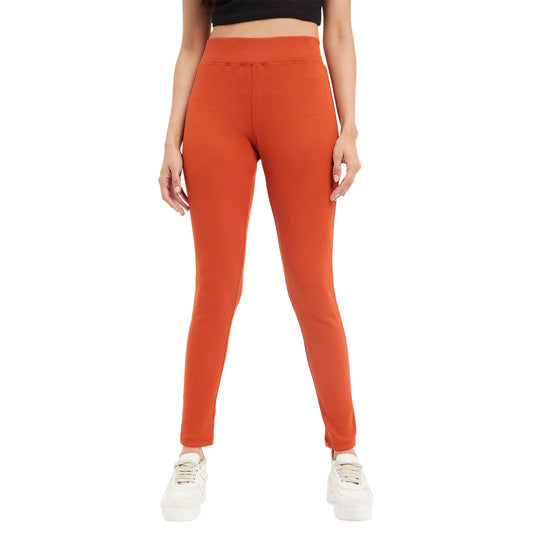 Stretchable Regular Skinny Fit Wrinkle Free High Waist Cotton Leggings for Women Rust