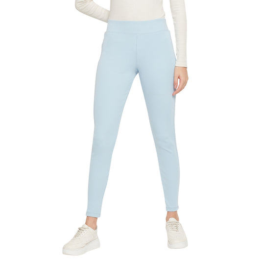 Stretchable Regular Skinny Fit Wrinkle Free High Waist Cotton Leggings for Women Sky Blue