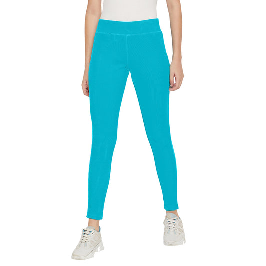 Stretchable Regular Skinny Fit Wrinkle Free High Waist Cotton Leggings for Women Teal