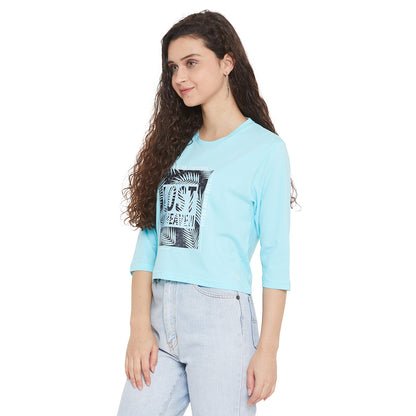 3/4 Sleeve Light Blue Crop Top  for Women