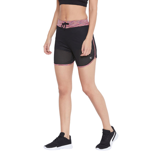 Women Solid Shorts Black Mesh Color