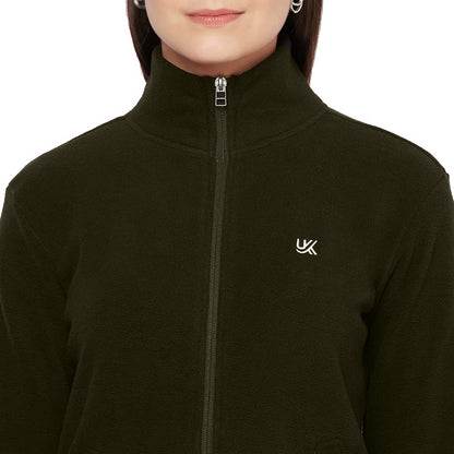 Thumb Hole Polar Fleece Women Full Zipper Jacket Olive Color