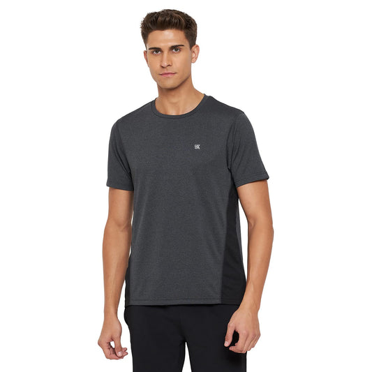 Dark Grey Round Neck Active Wear Polyester T-Shirt For Men