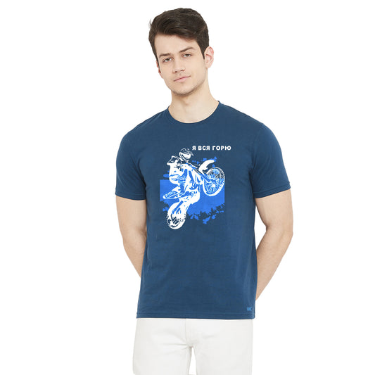 Men Sports Bike Graphic Print T-Shirt Blue Color