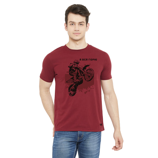 Men Sports Bike Graphic Print T-Shirt Maroon Color