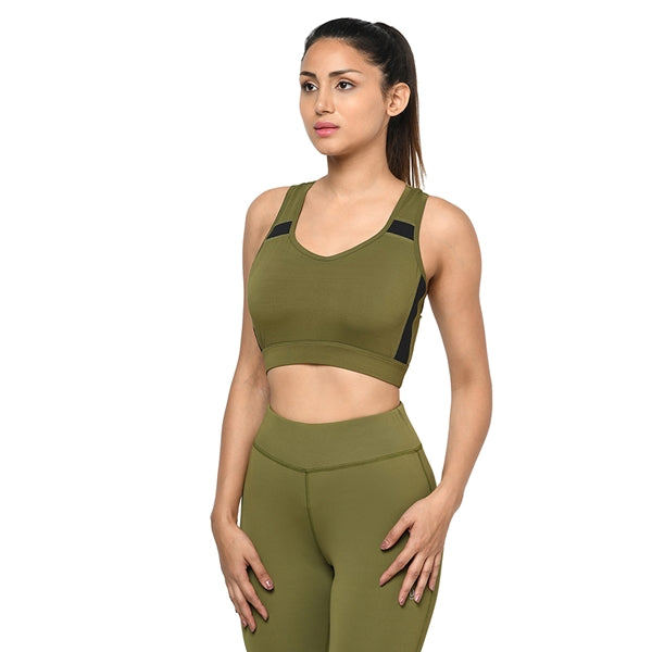 Olive Color Women Non-Wired Active Bra Racer Back