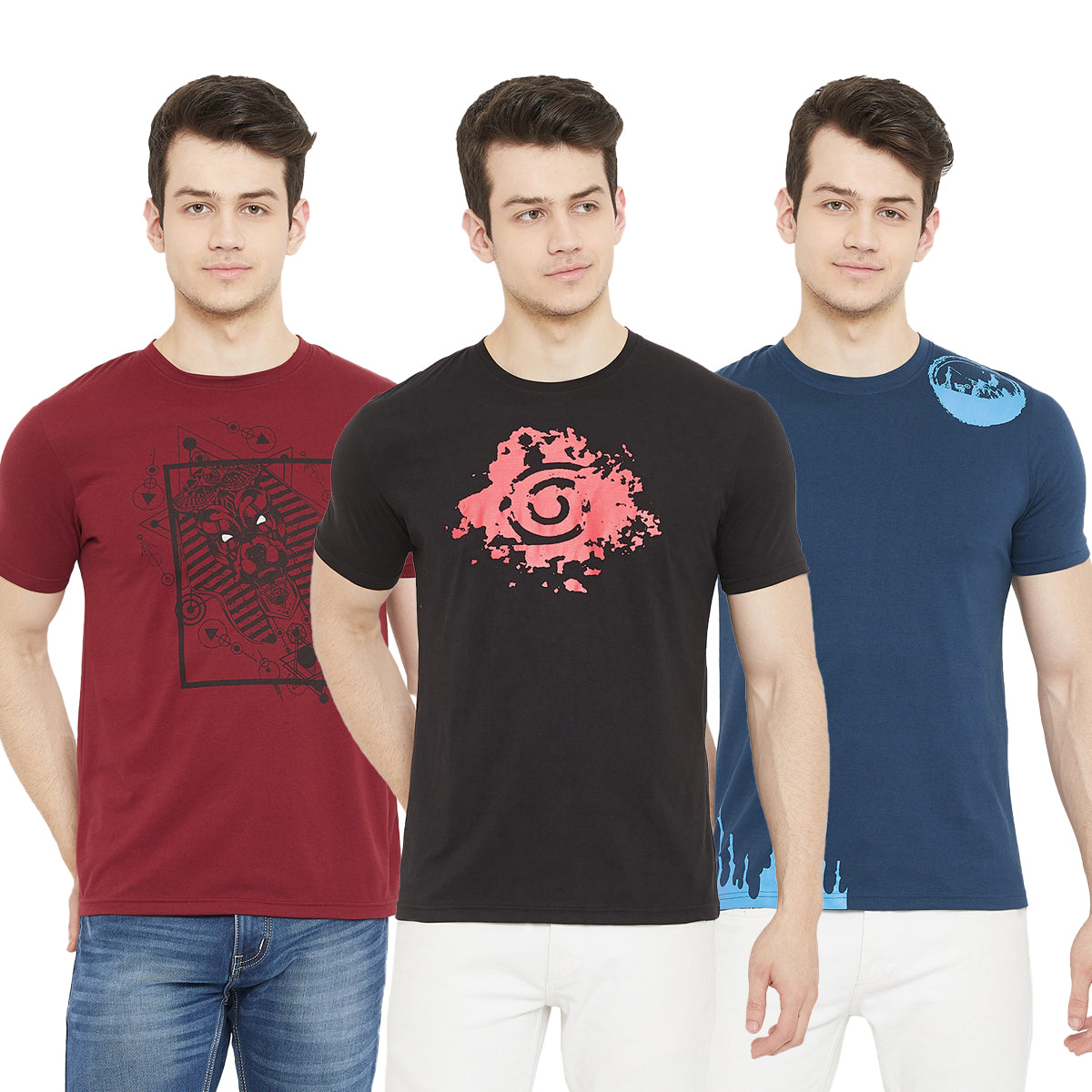 Maroon/Black/Blue Printed Cotton T-shirt for Men (Set of 3)