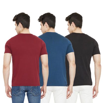 Maroon/Blue/Black Cotton T-Shirt for Men (Set of 3)