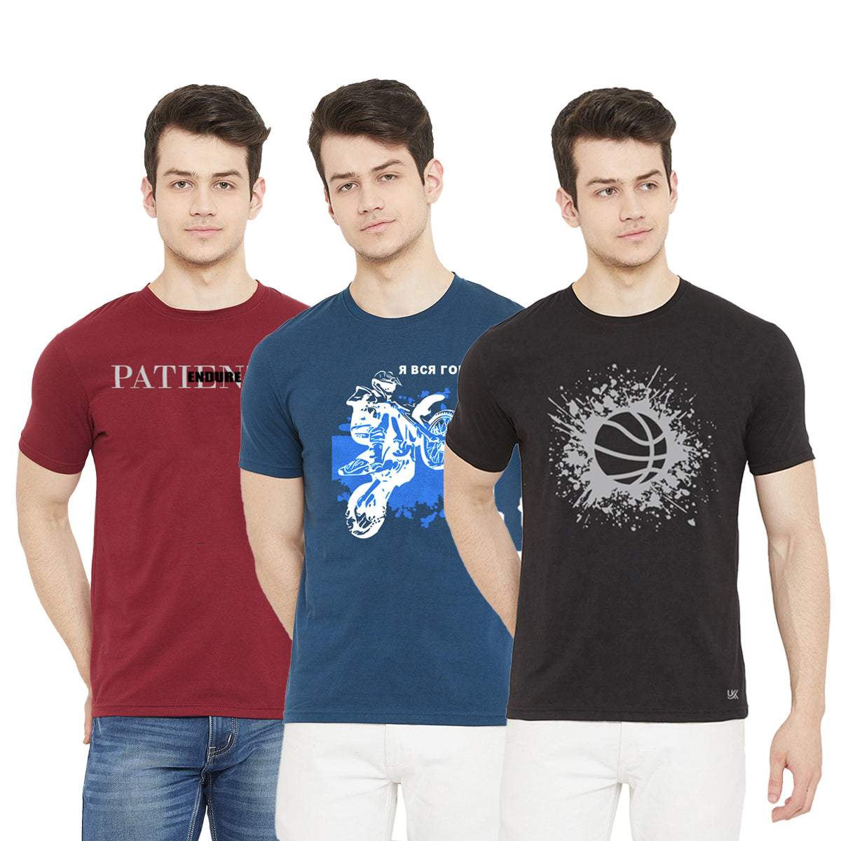 Maroon/Blue/Black Cotton T-Shirt for Men (Set of 3)